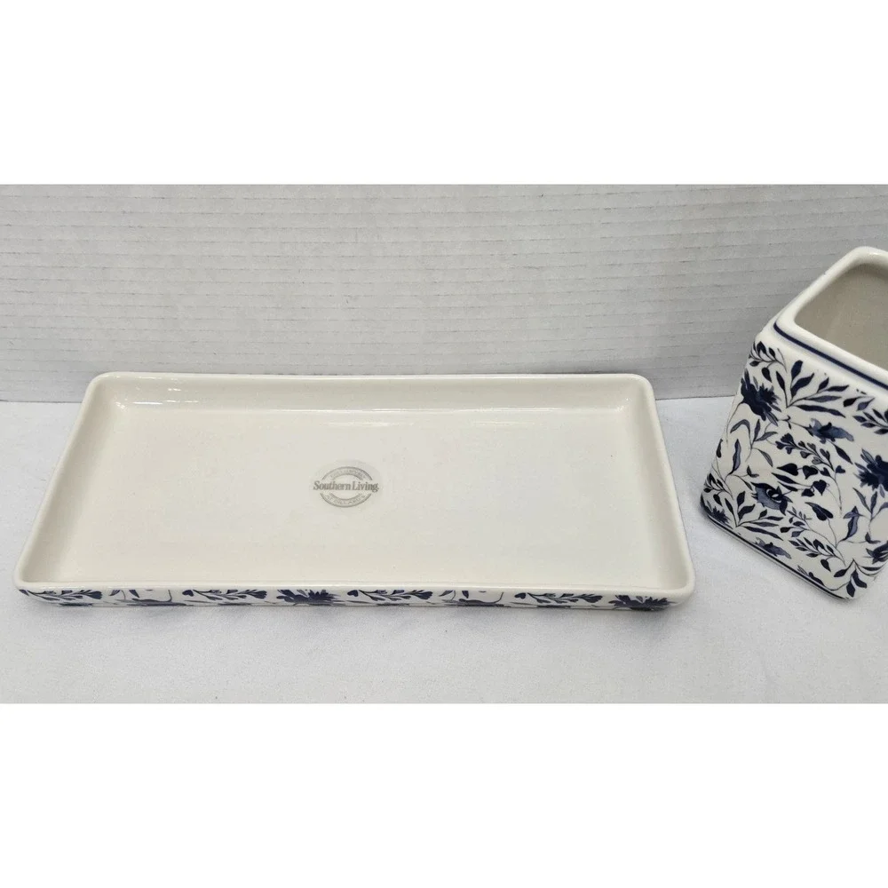 Southern Living Caroline Blue/White Floral Chinoiserie Lot/2 Vanity Tray/Holder